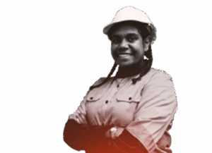 Smiling woman in a hard hat with her arms crossed.