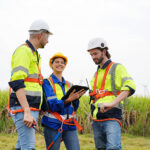 Engineers in safety gear talking in front of wind turbines.