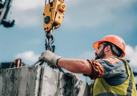 Construction worker rigging a concrete block to a crane hook.