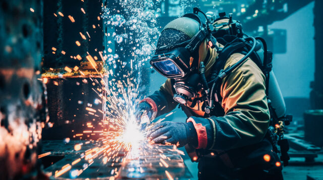 Underwater welder working with sparks and bubbles