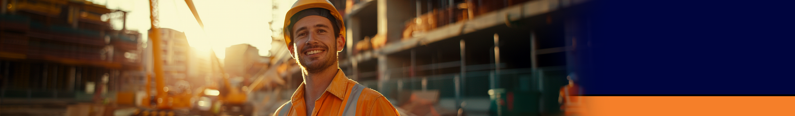Smiling construction worker at sunrise with banner