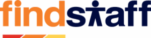 findstaff logo with orange and blue text and underline stripes