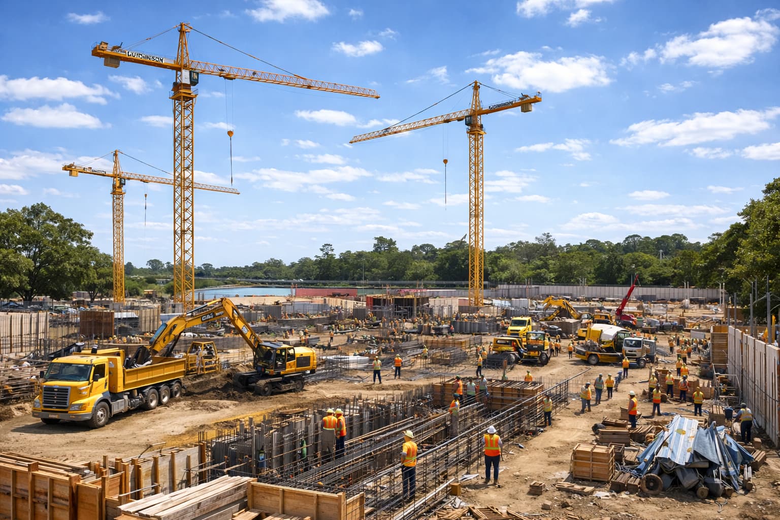 Construction cranes and structures at a busy development site